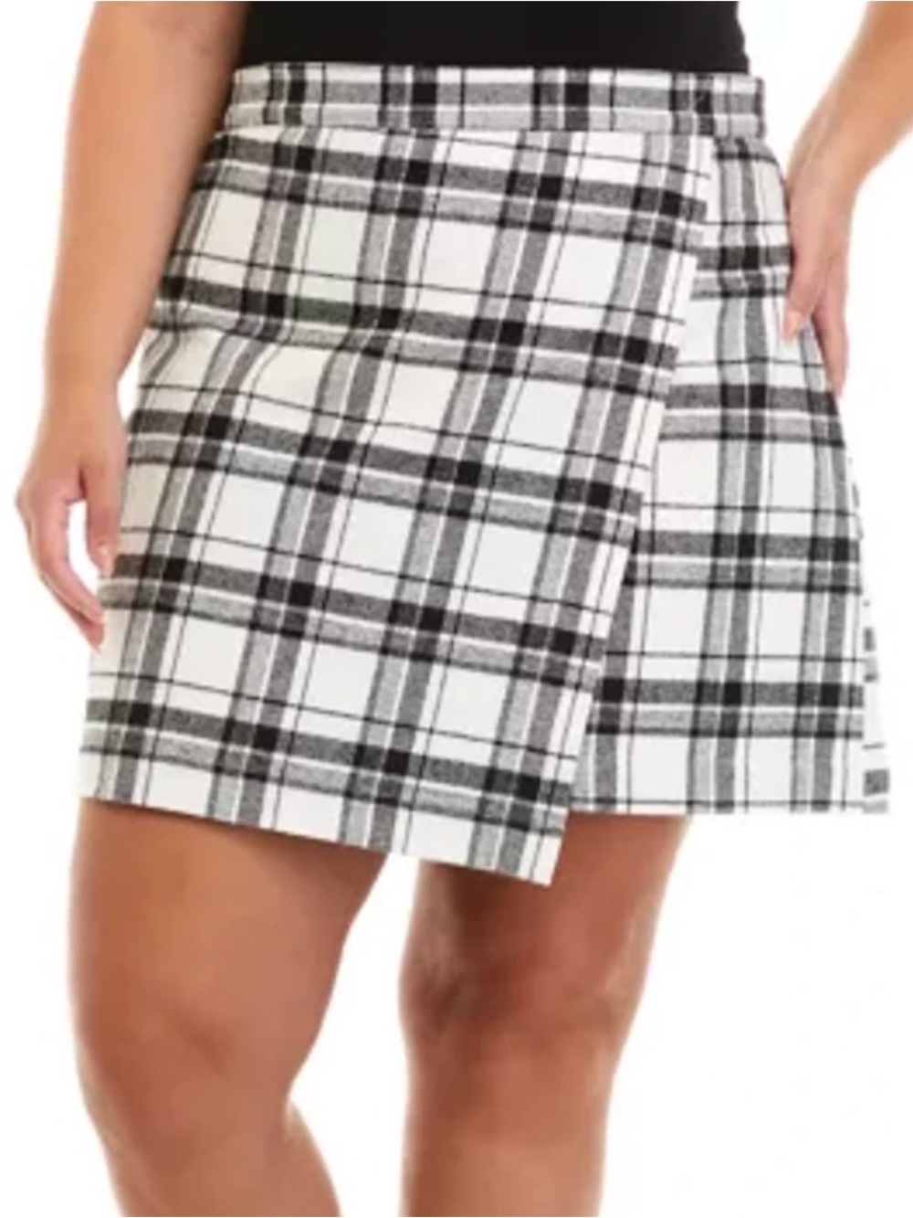 True Craft Black and White Plaid Faux-Wrap Mini Skirt